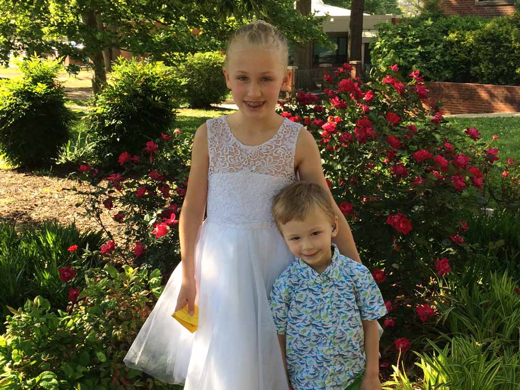 Whitaker Weinburger, pictured with his sister Lakeland, 9, is now going to preschool and enjoying life as a regular kid.